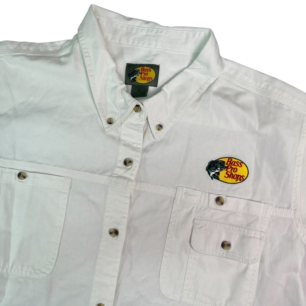 Bass Pro Shops Mens 3XL White Short Sleeve Button Down Fishing Shirt Embroidered